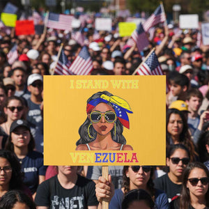 Stand With Venezuela Patriotic Protest Sign Venezuelan Flag Empowering Afro Latina Messy Bun Bandana TS02 Horizontal 18" × 24" Yellow Print Your Wear