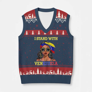 Stand With Venezuela Patriotic V-Neck Knit Sweater Vest Venezuelan Flag Empowering Afro Latina Messy Bun Bandana TS02 Navy Red Print Your Wear