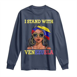 Stand With Venezuela Patriotic Long Sleeve Shirt Venezuelan Flag Empowering Afro Latina Messy Bun Bandana TS02 Navy Print Your Wear