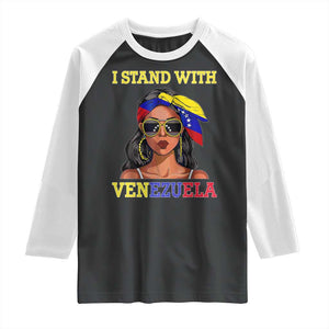 Stand With Venezuela Patriotic Raglan Shirt Venezuelan Flag Empowering Afro Latina Messy Bun Bandana TS02 Black White Print Your Wear