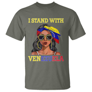 Stand With Venezuela Patriotic T Shirt Venezuelan Flag Empowering Afro Latina Messy Bun Bandana TS02 Military Green Print Your Wear