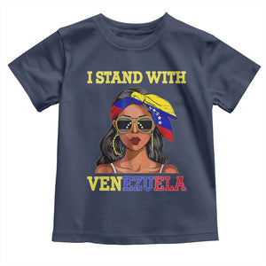 Stand With Venezuela Patriotic Toddler T Shirt Venezuelan Flag Empowering Afro Latina Messy Bun Bandana TS02 Navy Print Your Wear