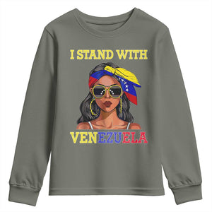 Stand With Venezuela Patriotic Youth Sweatshirt Venezuelan Flag Empowering Afro Latina Messy Bun Bandana TS02 Military Green Print Your Wear