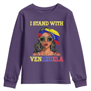 Stand With Venezuela Patriotic Youth Sweatshirt Venezuelan Flag Empowering Afro Latina Messy Bun Bandana TS02 Purple Print Your Wear