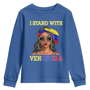 Stand With Venezuela Patriotic Youth Sweatshirt Venezuelan Flag Empowering Afro Latina Messy Bun Bandana TS02 Royal Blue Print Your Wear