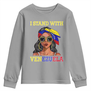 Stand With Venezuela Patriotic Youth Sweatshirt Venezuelan Flag Empowering Afro Latina Messy Bun Bandana TS02 Sport Gray Print Your Wear