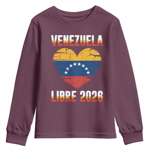 Venezuela Libre 2026 Youth Sweatshirt Venezuelan Flag Heart Freedom and National Pride TS02 Maroon Print Your Wear