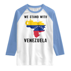 We Stand With Venezuela Raglan Shirt Venezuelan Flag Unity Graphic TS02 White Carolina Blue Print Your Wear