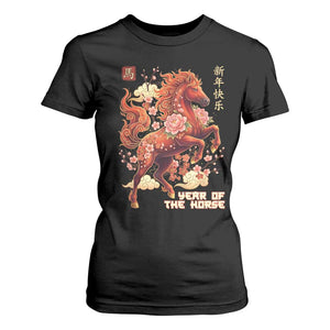 Year of the Horse Chinese New Year T Shirt For Women Floral Zodiac Horse Lunar Festival TS02 Black Print Your Wear