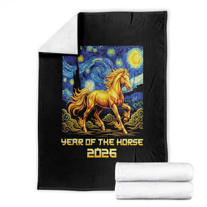 Year of the Horse Starry Night Inspired Graphic Throw Blanket Golden Horse Chinese Zodiac Art TS02 Black Print Your Wear