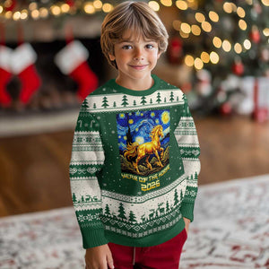 Year of the Horse Starry Night Inspired Graphic Ugly Christmas Sweater Golden Horse Chinese Zodiac Art TS02 Forest Green Beige Print Your Wear