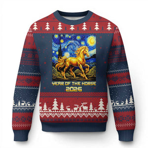 Year of the Horse Starry Night Inspired Graphic Ugly Christmas Sweater Golden Horse Chinese Zodiac Art TS02 Navy Red Print Your Wear