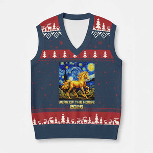 Year of the Horse Starry Night Inspired Graphic V-Neck Knit Sweater Vest Golden Horse Chinese Zodiac Art TS02 Navy Red Print Your Wear