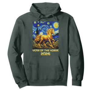 Year of the Horse Starry Night Inspired Graphic Hoodie Golden Horse Chinese Zodiac Art TS02 Dark Forest Green Print Your Wear