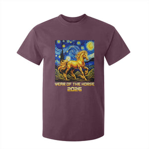 Year of the Horse Starry Night Inspired Graphic T Shirt For Kid Golden Horse Chinese Zodiac Art TS02 Maroon Print Your Wear