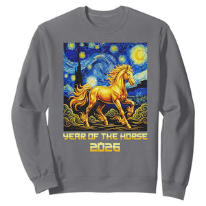 Year of the Horse Starry Night Inspired Graphic Sweatshirt Golden Horse Chinese Zodiac Art TS02 Charcoal Print Your Wear