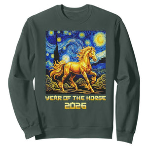 Year of the Horse Starry Night Inspired Graphic Sweatshirt Golden Horse Chinese Zodiac Art TS02 Dark Forest Green Print Your Wear