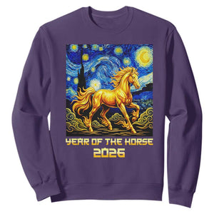 Year of the Horse Starry Night Inspired Graphic Sweatshirt Golden Horse Chinese Zodiac Art TS02 Purple Print Your Wear