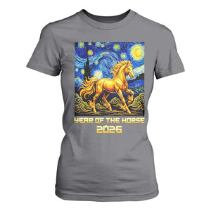 Year of the Horse Starry Night Inspired Graphic T Shirt For Women Golden Horse Chinese Zodiac Art TS02 Charcoal Print Your Wear