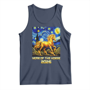 Year of the Horse Starry Night Inspired Graphic Tank Top Golden Horse Chinese Zodiac Art TS02 Navy Print Your Wear