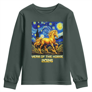 Year of the Horse Starry Night Inspired Graphic Youth Sweatshirt Golden Horse Chinese Zodiac Art TS02 Dark Forest Green Print Your Wear