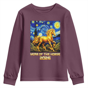 Year of the Horse Starry Night Inspired Graphic Youth Sweatshirt Golden Horse Chinese Zodiac Art TS02 Maroon Print Your Wear