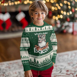 What is Shakin Bacon Funny Mouse Ugly Christmas Sweater Pun Animal Humor TS02 Forest Green Beige Print Your Wear
