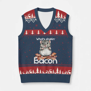 What is Shakin Bacon Funny Mouse V-Neck Knit Sweater Vest Pun Animal Humor TS02 Navy Red Print Your Wear