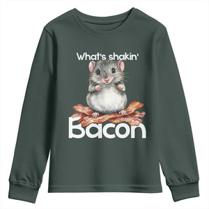 What is Shakin Bacon Funny Mouse Youth Sweatshirt Pun Animal Humor TS02 Dark Forest Green Print Your Wear
