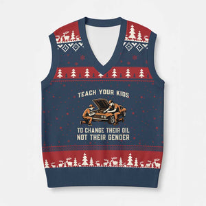 Teach Your Kids To Change Their Oil V-Neck Knit Sweater Vest Not Their Gender Dad and Son Father's Day TS02 Navy Red Print Your Wear