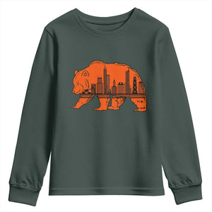 Chicago Skyline Bear Youth Sweatshirt Windy City Pride True Lover Sports Fan TS02 Dark Forest Green Print Your Wear