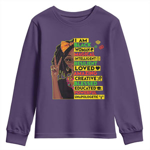 I Am Black Woman Youth Sweatshirt Locd African American Pride Black History Month TS02 Purple Print Your Wear