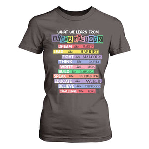 What We Learn From Black History T Shirt For Women Celebration African American Roots Pride TS02 Dark Chocolate Print Your Wear