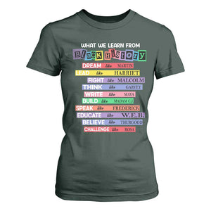 What We Learn From Black History T Shirt For Women Celebration African American Roots Pride TS02 Dark Forest Green Print Your Wear