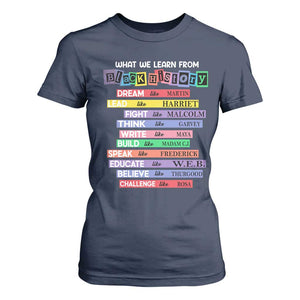 What We Learn From Black History T Shirt For Women Celebration African American Roots Pride TS02 Navy Print Your Wear
