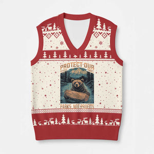 Protect Our National Parks V-Neck Knit Sweater Vest Parks Not Profits Bear Retro Graphic TS02 Beige Red Print Your Wear