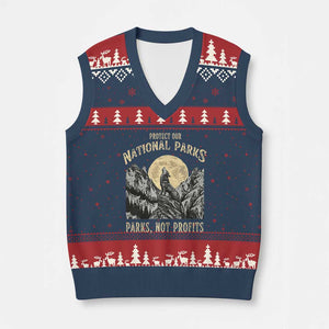 Protect Our National Parks V-Neck Knit Sweater Vest Parks Not Profits Wolf Retro Graphic TS02 Navy Red Print Your Wear