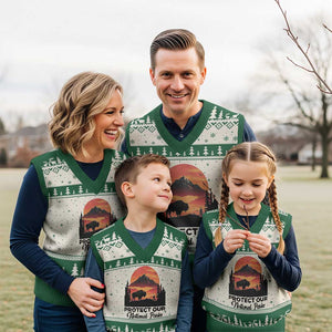 Protect Our National Parks V-Neck Knit Sweater Vest Bison Buffalo Vintage Graphic TS02 Beige Green Print Your Wear