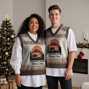 Protect Our National Parks V-Neck Knit Sweater Vest Bison Buffalo Vintage Graphic TS02 Mocha Mousse Print Your Wear