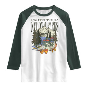 Protect Our National Parks Raglan Shirt Wildlife Fishing Outdoor Adventure Retro TS02 White Dark Forest Green Print Your Wear