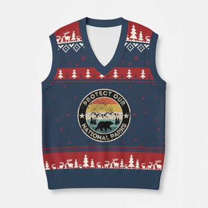 Protect Our National Parks V-Neck Knit Sweater Vest Bear Wildlife Retro Mountain Graphic TS02 Navy Red Print Your Wear