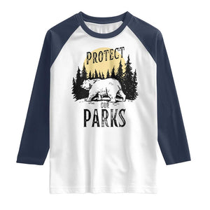 Protect Our Parks Raglan Shirt Retro Bear Forest Nature Graphic TS02 White Navy Print Your Wear