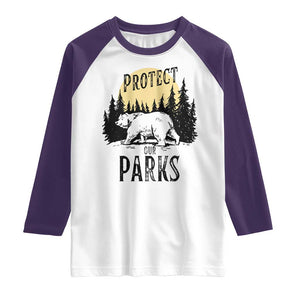 Protect Our Parks Raglan Shirt Retro Bear Forest Nature Graphic TS02 White Purple Print Your Wear
