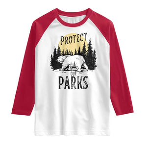 Protect Our Parks Raglan Shirt Retro Bear Forest Nature Graphic TS02 White Red Print Your Wear