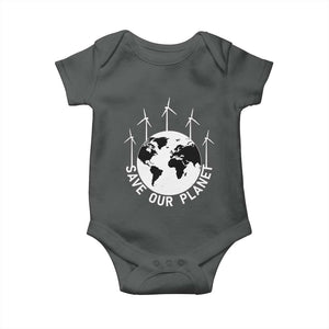 Save Our Planet Baby Onesie Wind Power Electricity Earth Day 2025 TS02 Dark Heather Print Your Wear