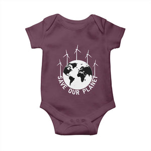 Save Our Planet Baby Onesie Wind Power Electricity Earth Day 2025 TS02 Maroon Print Your Wear