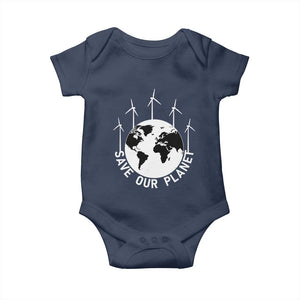 Save Our Planet Baby Onesie Wind Power Electricity Earth Day 2025 TS02 Navy Print Your Wear