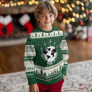 Save Our Planet Ugly Christmas Sweater Wind Power Electricity Earth Day 2025 TS02 Forest Green Beige Print Your Wear