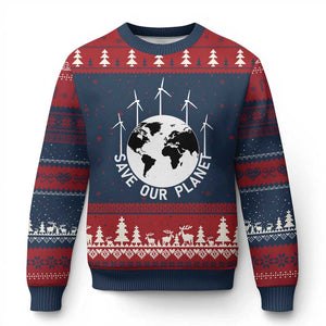 Save Our Planet Ugly Christmas Sweater Wind Power Electricity Earth Day 2025 TS02 Navy Red Print Your Wear