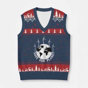 Save Our Planet V-Neck Knit Sweater Vest Wind Power Electricity Earth Day 2025 TS02 Navy Red Print Your Wear